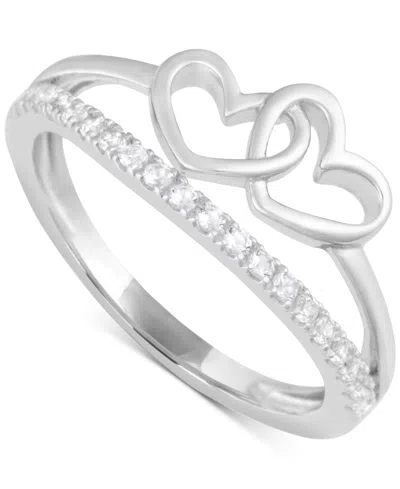 Macy's White Topaz 1/4 Ct. T.w. Double-heart Promise Ring In Sterling Silver In Metallic