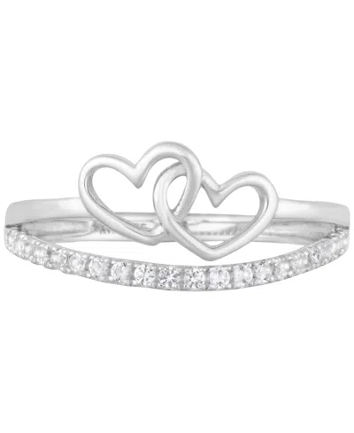 Macy's White Topaz 1/4 Ct. T.w. Double-heart Promise Ring In Sterling Silver In Metallic