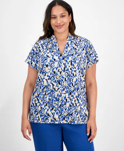 Kasper Plus Size Printed V-neck Short-sleeve Top In Multi