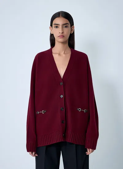 Gucci Women Bordeaux V-neck Cardigan With Metal Clamps On The Front In Wool And Cashmere Blend Woman In Burgundy
