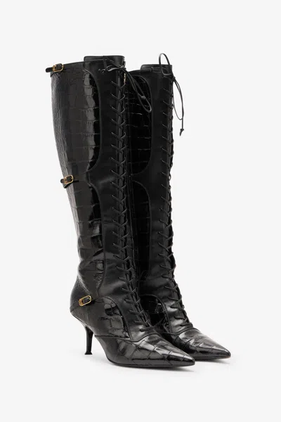 Roberto Cavalli Pointed Lace-up Boots With Crocodile Effect In Black