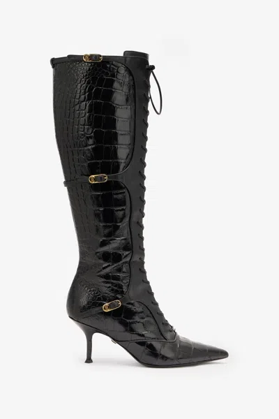 Roberto Cavalli Pointed Lace-up Boots With Crocodile Effect In Black