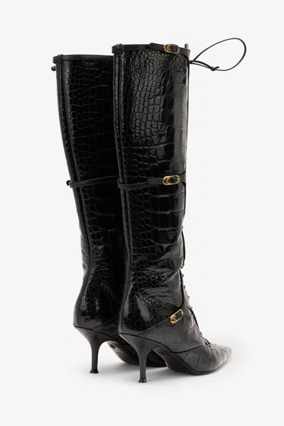 Roberto Cavalli Pointed Lace-up Boots With Crocodile Effect In Black