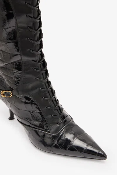 Roberto Cavalli Pointed Lace-up Boots With Crocodile Effect In Black