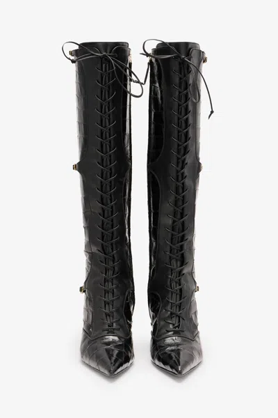 Roberto Cavalli Pointed Lace-up Boots With Crocodile Effect In Black