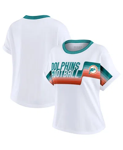 Wear By Erin Andrews Women's White Miami Dolphins Cropped Center Stripe Dolman T-shirt In Green