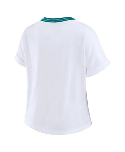 Wear By Erin Andrews Women's White Miami Dolphins Cropped Center Stripe Dolman T-shirt In Green