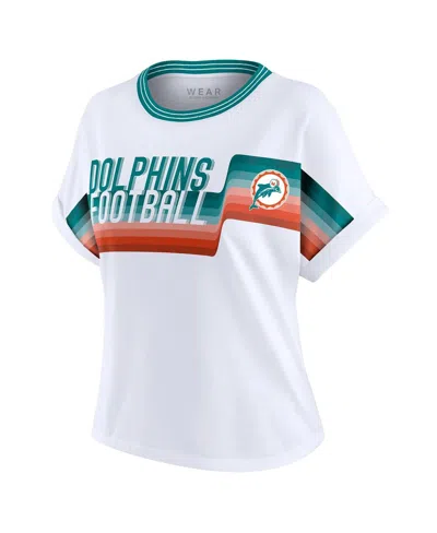 Wear By Erin Andrews Women's White Miami Dolphins Cropped Center Stripe Dolman T-shirt In Green