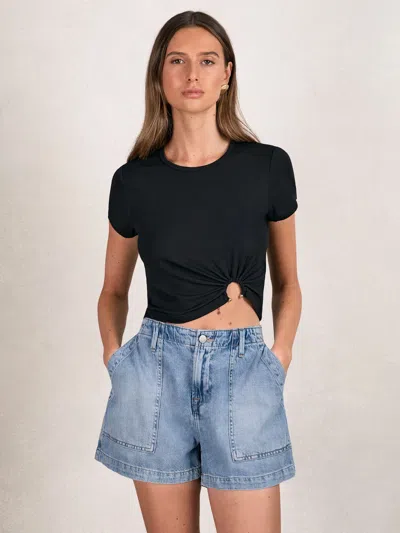 Good American Womens Drawstring Patch-pockets Denim-blend Shorts Indigo786 In Blue