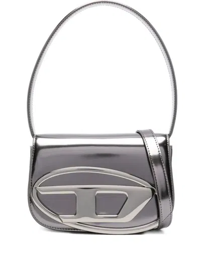 Diesel 1dr Silver-tone Shoulder Bag With Oval D Patch In Lamintaed Leather Woman In Gray