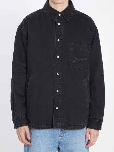Jacquemus Virgin Wool Long-sleeve Shirt With Embroidered Logo In Black