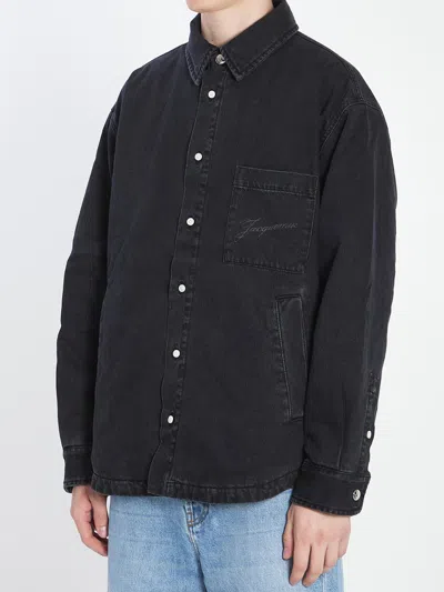 Jacquemus Virgin Wool Long-sleeve Shirt With Embroidered Logo In Black