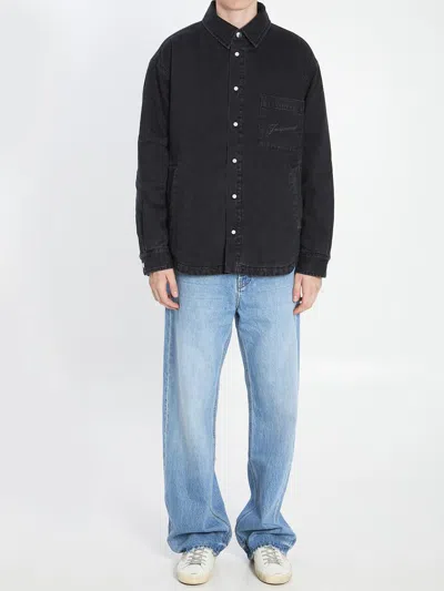 Jacquemus Virgin Wool Long-sleeve Shirt With Embroidered Logo In Black