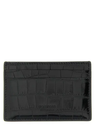 Tom Ford Crocodile-print Leather Card Holder In Black