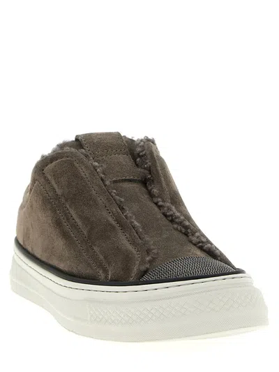 Brunello Cucinelli Luxe Suede Round Toe Sneakers In Brown