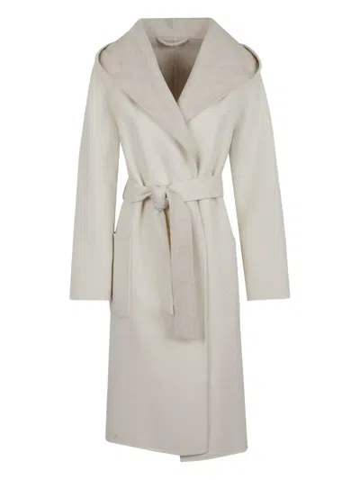 P.a.r.o.s.h Parosh Reversible Knee-length Wool Coat With Hood And Matching Belt In Neutral