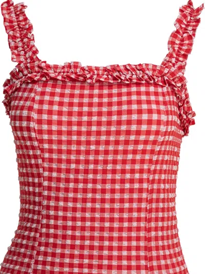 Ganni Stretch Seersucker Strap Ruffle Mini Dress In Pink