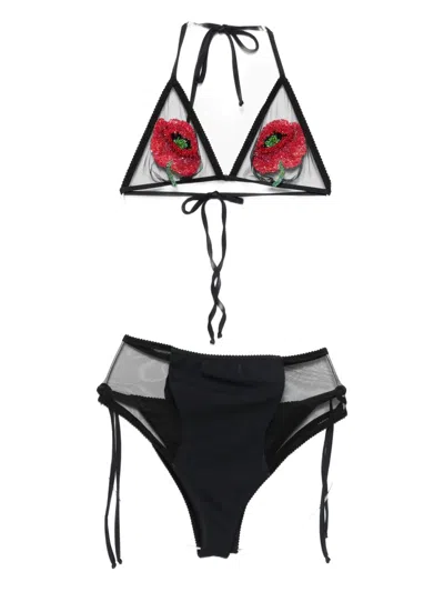 珠饰花卉连体泳衣