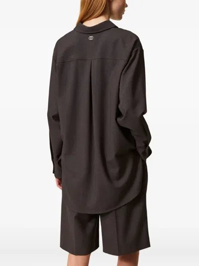 Twinset Grey Shirt With Classic Collar And Logo Plaque On The Rear In Viscose Blend Stretch Woman In Gray