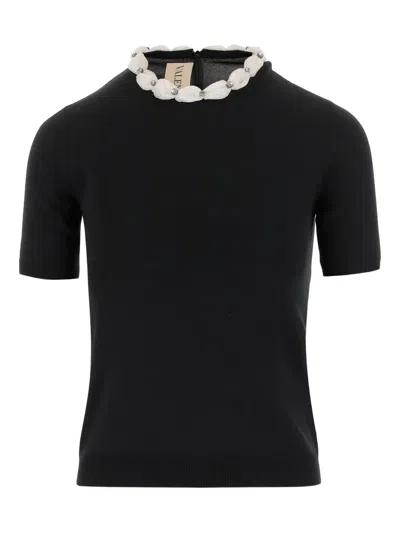 Valentino Embellished Neckline Fitted Short Sleeve Knitwear In Black