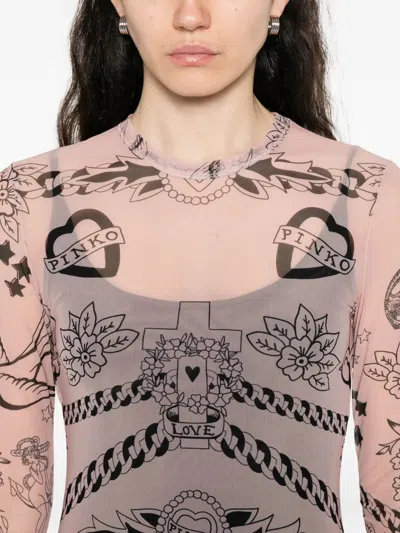 印花网纱中长连衣裙