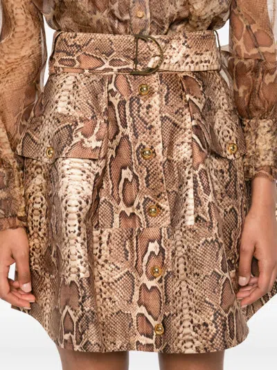 Zimmermann Midi Skirt With Animal Print And Belt In Brown