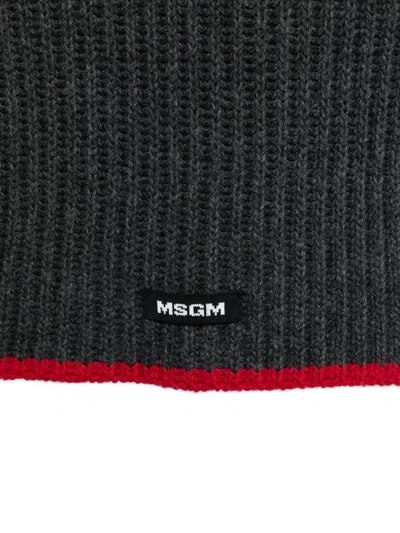 Msgm Ribbed-knit Red-trim Scarf In Black