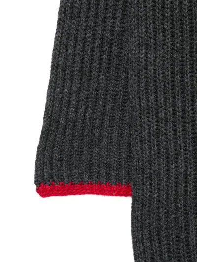 Msgm Ribbed-knit Red-trim Scarf In Black