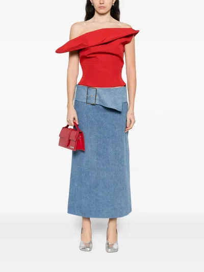 Rowen Rose Belted Denim Midi Skirt In Blue