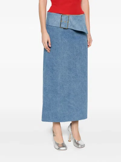 Rowen Rose Belted Denim Midi Skirt In Blue
