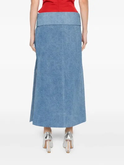 Rowen Rose Belted Denim Midi Skirt In Blue