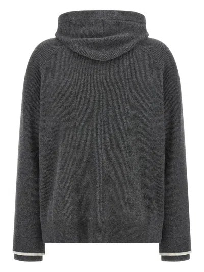 Brunello Cucinelli Ribbed Texture Hooded Sweater With Long Sleeves In Gray