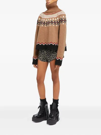 Alanui Patterned Camel Turtleneck Sweater With Geometric And Floral Motifs In Brown