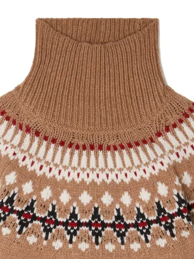 Alanui Patterned Camel Turtleneck Sweater With Geometric And Floral Motifs In Brown