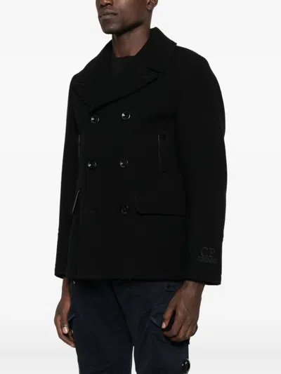 C.p. Company Double-breasted Structured Jacket With Wide Lapels In Black