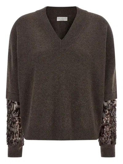 Brunello Cucinelli Brown Cashmere Embroidered Sweater In Brown