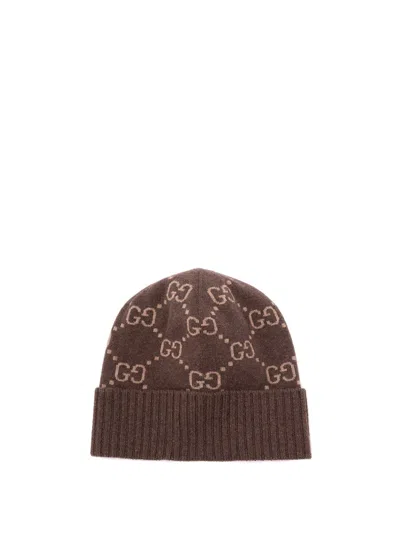 Gucci Cashmere Beanie With Gg Monogram Design In Brown