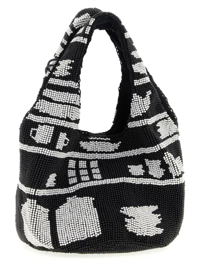Jw Anderson Mini Beaded Shoulder Bag With Abstract Patterns In Black