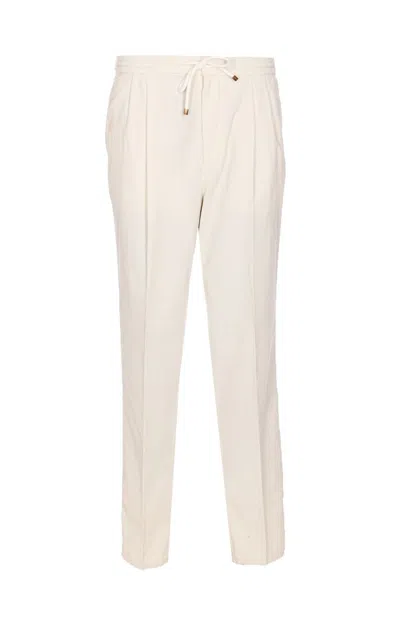 Brunello Cucinelli Men Leisure Fit Trousers In Ribbed Velvet With Drawstring And Double Pince In Neutral
