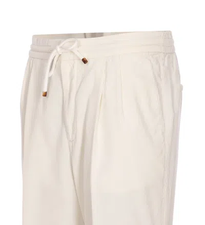 Brunello Cucinelli Men Leisure Fit Trousers In Ribbed Velvet With Drawstring And Double Pince In Neutral