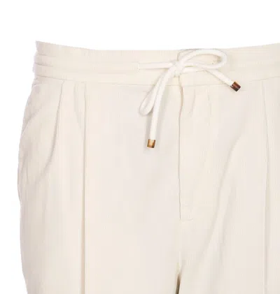 Brunello Cucinelli Men Leisure Fit Trousers In Ribbed Velvet With Drawstring And Double Pince In Neutral