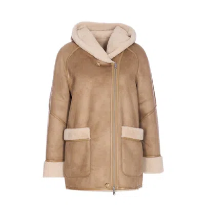 Urbancode Hooded Shearling-trimmed Coat In Brown