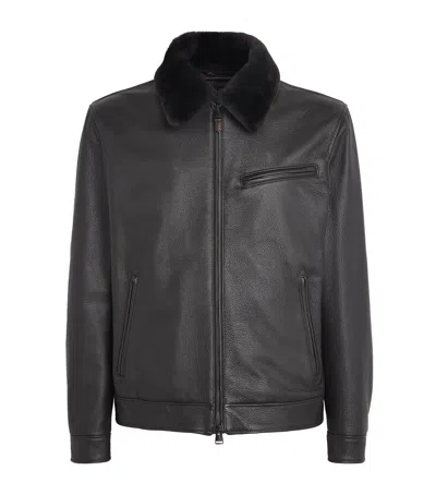 Canali Leather Fur-collar Jacket In Black