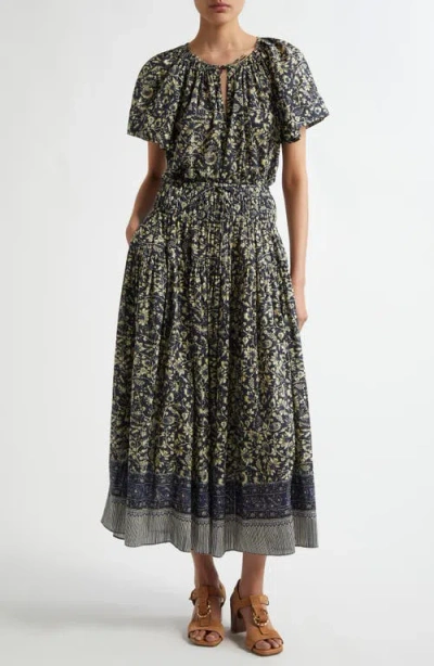 Ulla Johnson Lyria Flutter-sleeve Floral Midi Dress In Raven