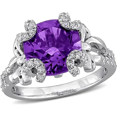Delmar Sterling Silver Cushion Cut Amethyst & White Topaz Ring In Metallic