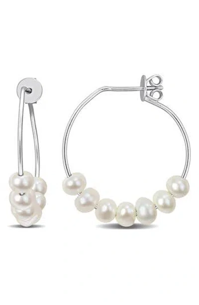 Delmar Sterling Silver Cultured Freshwater Pearl Beaded Hoop Earrings In Metallic