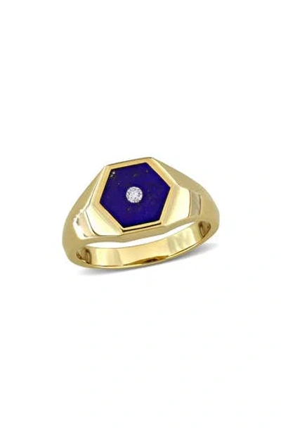 Delmar Gender Inclusive Lazuli Lapis & Diamond Hexagon Ring In Gold