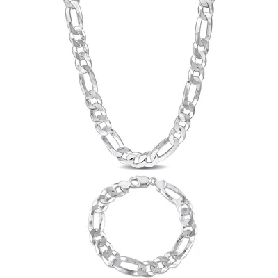 Delmar Flat Figaro Chain Necklace & Bracelet Set In Silver