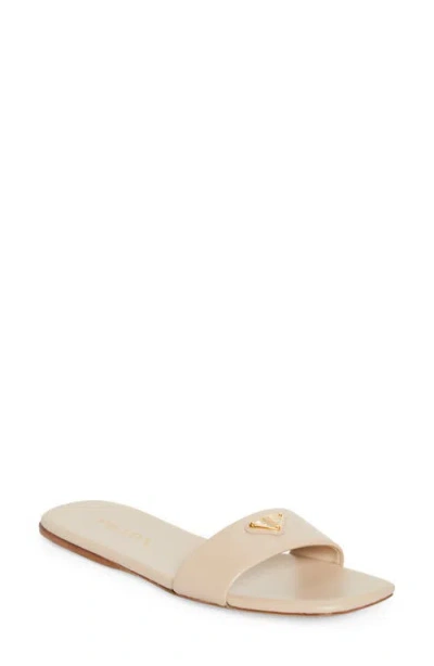 Prada Leather Logo Flat Slide Sandals In Neutral