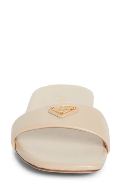 Prada Leather Logo Flat Slide Sandals In Neutral